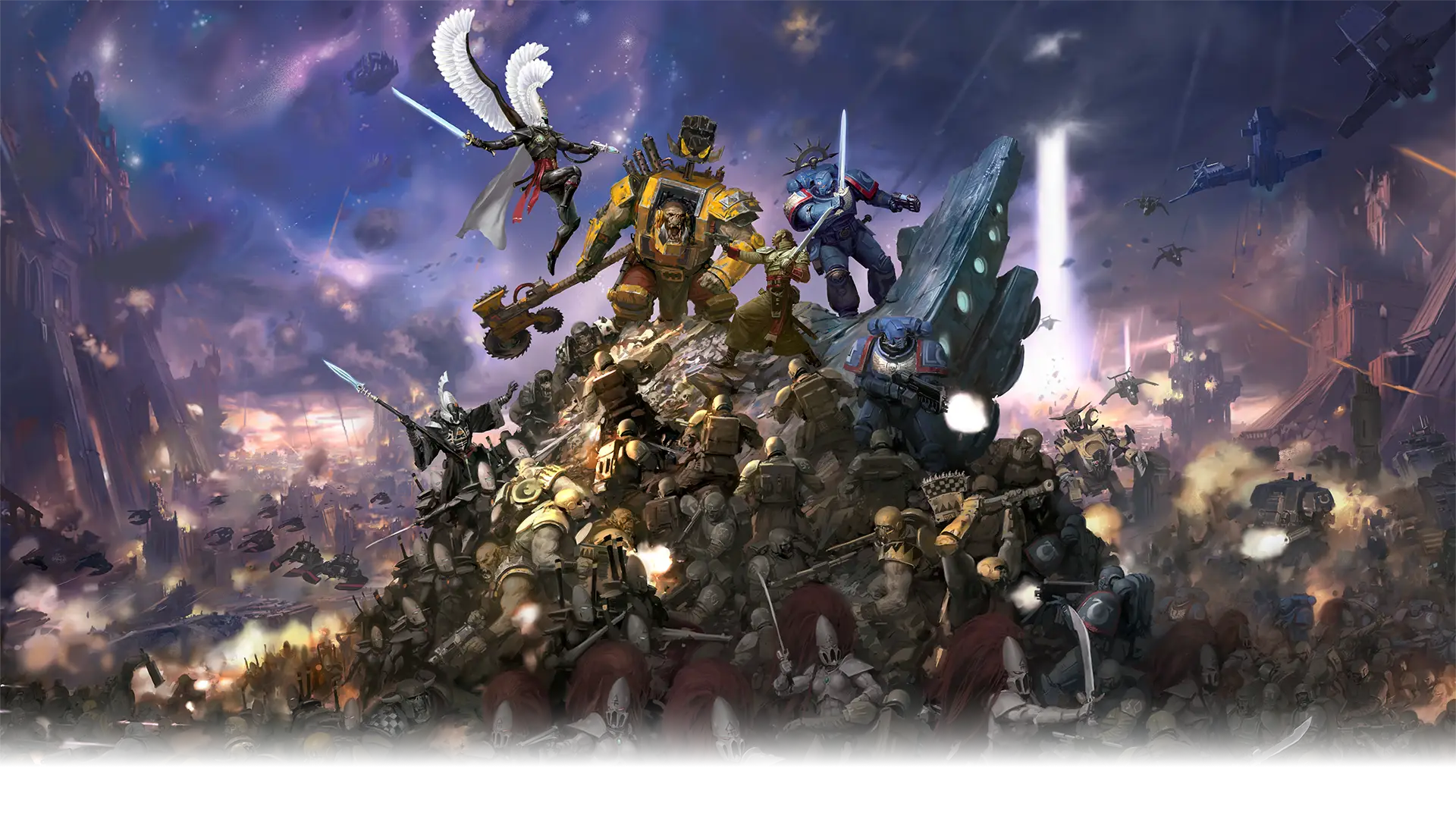 Official Total War: WARHAMMER 40,000 key art featuring the four announced factions